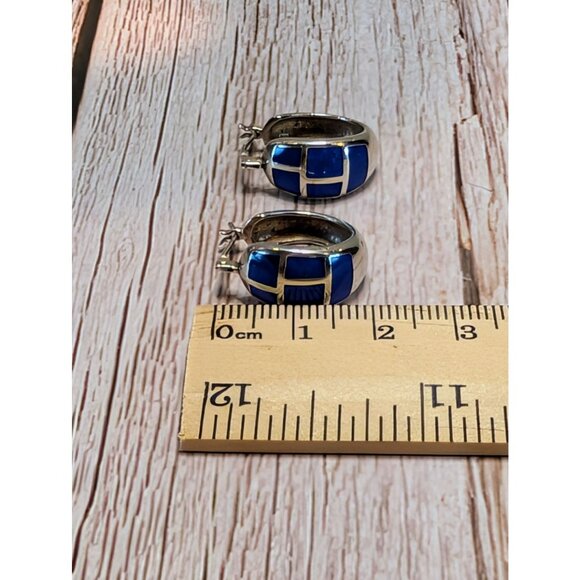 Silver Hoop Earrings With Blue Lapis Inlay For Women - Picture 5 of 10